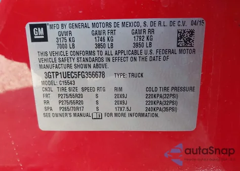 2015 GMC Sierra 1500 Sle from USA, damaged, VIN 3GTP1UEC5FG356678